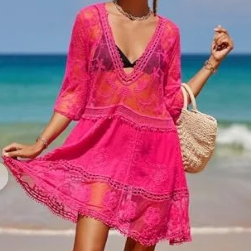NWT Pink Lace Bathing Suit Swimsuit Cover Up Loose One Size See measurements